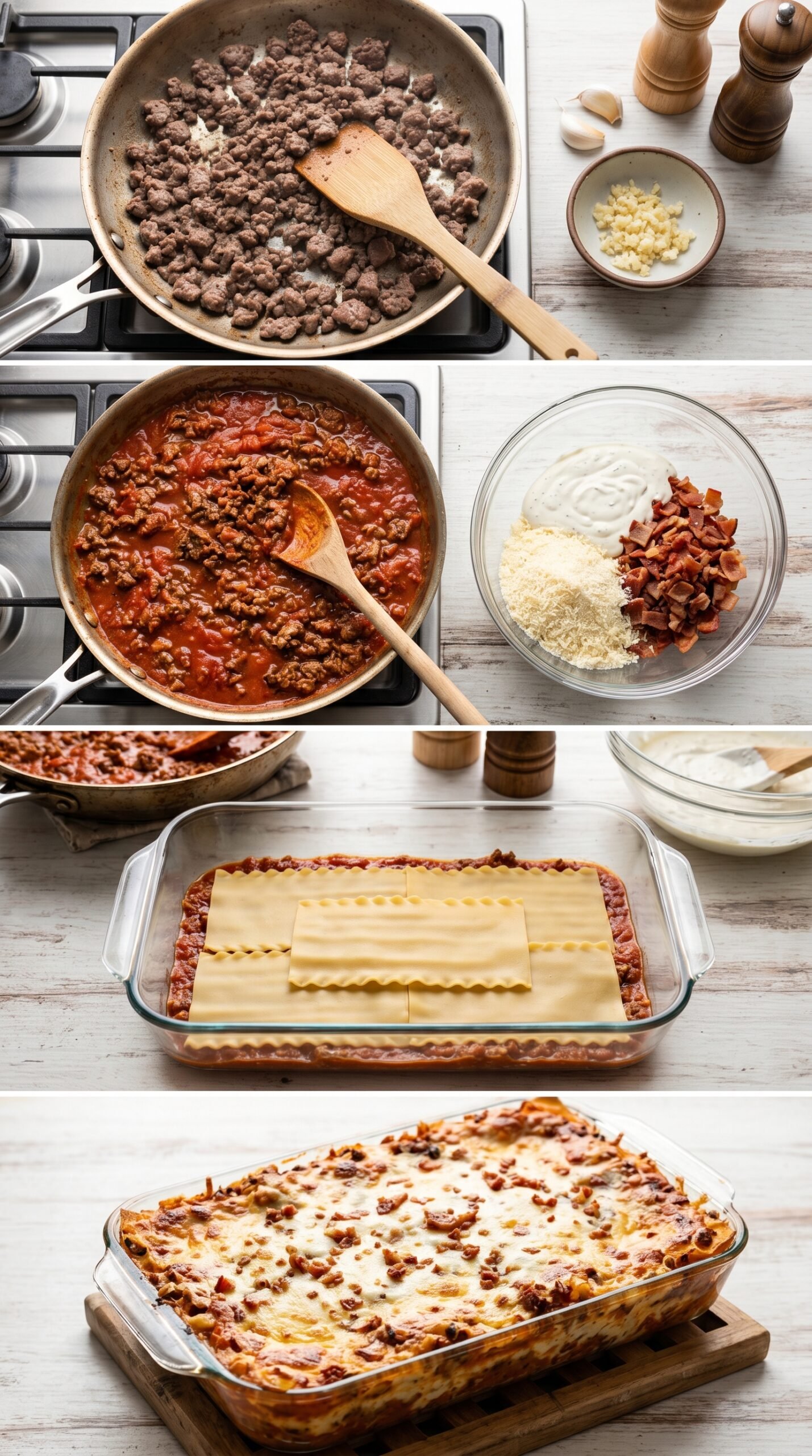 Parmesan Garlic Bacon Cheeseburger Lasagna recipe instructions
