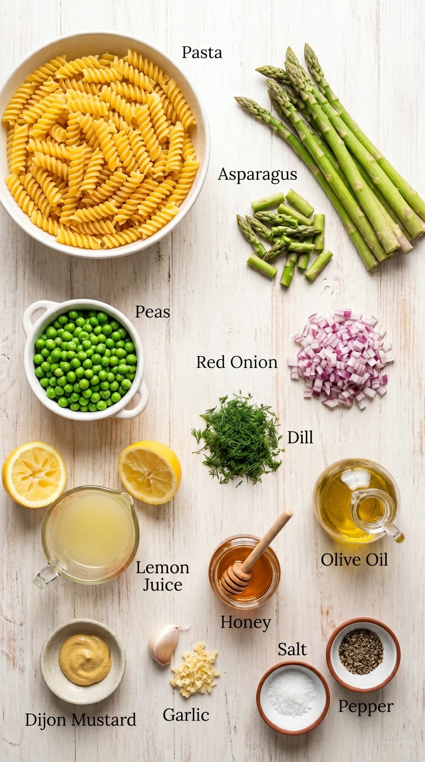 Fresh Spring Pasta Salad Recipe with Asparagus and Lemon Dill Vinaigrette recipe ingredients