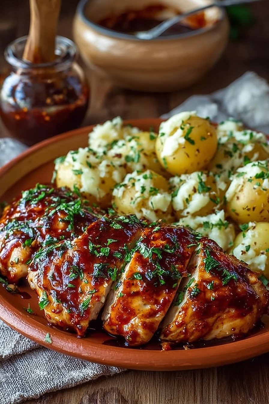 Honey BBQ Chicken with Creamy Garlic Parmesan Potatoes final result