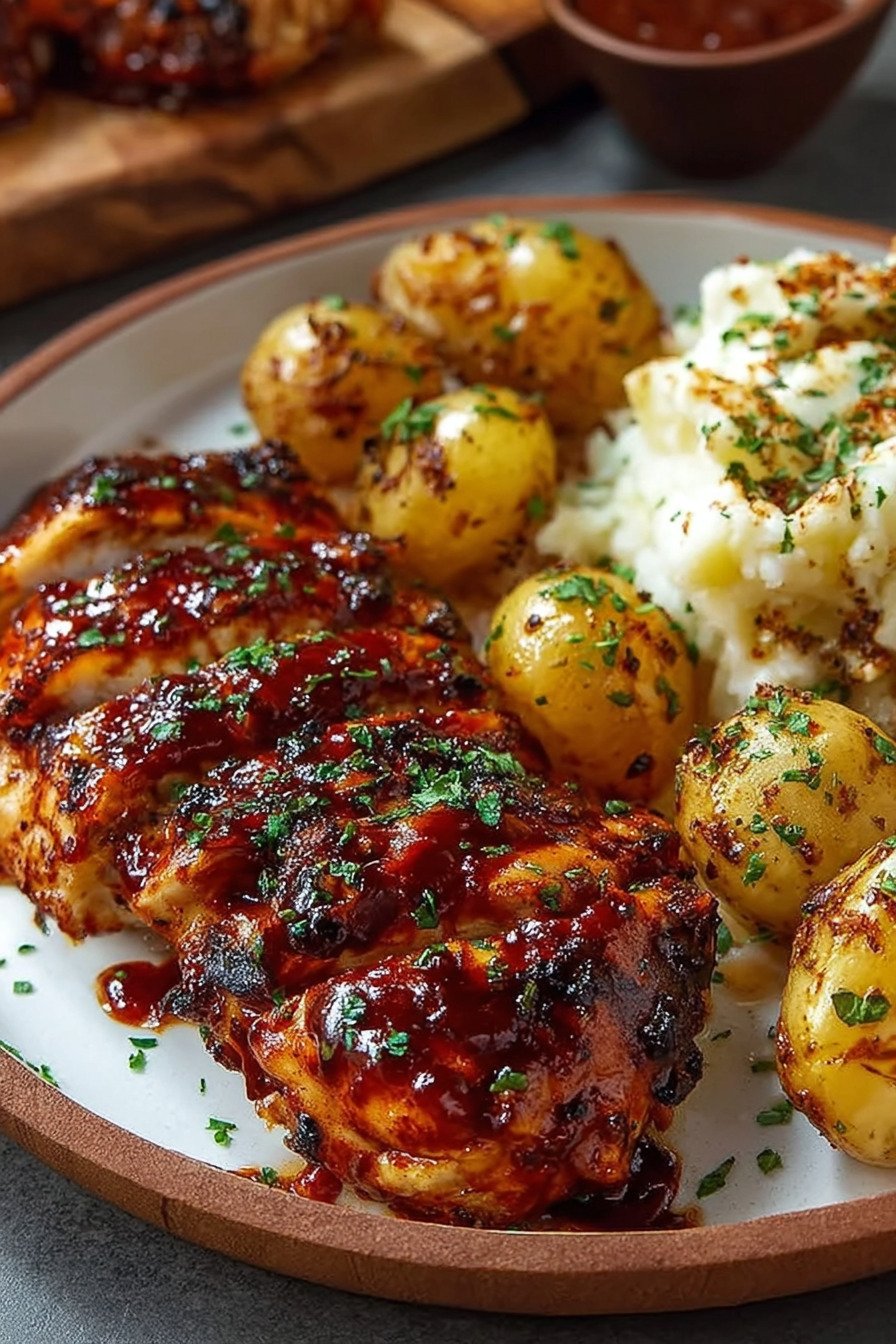 Honey BBQ Chicken with Creamy Garlic Parmesan Potatoes extra recipe photo