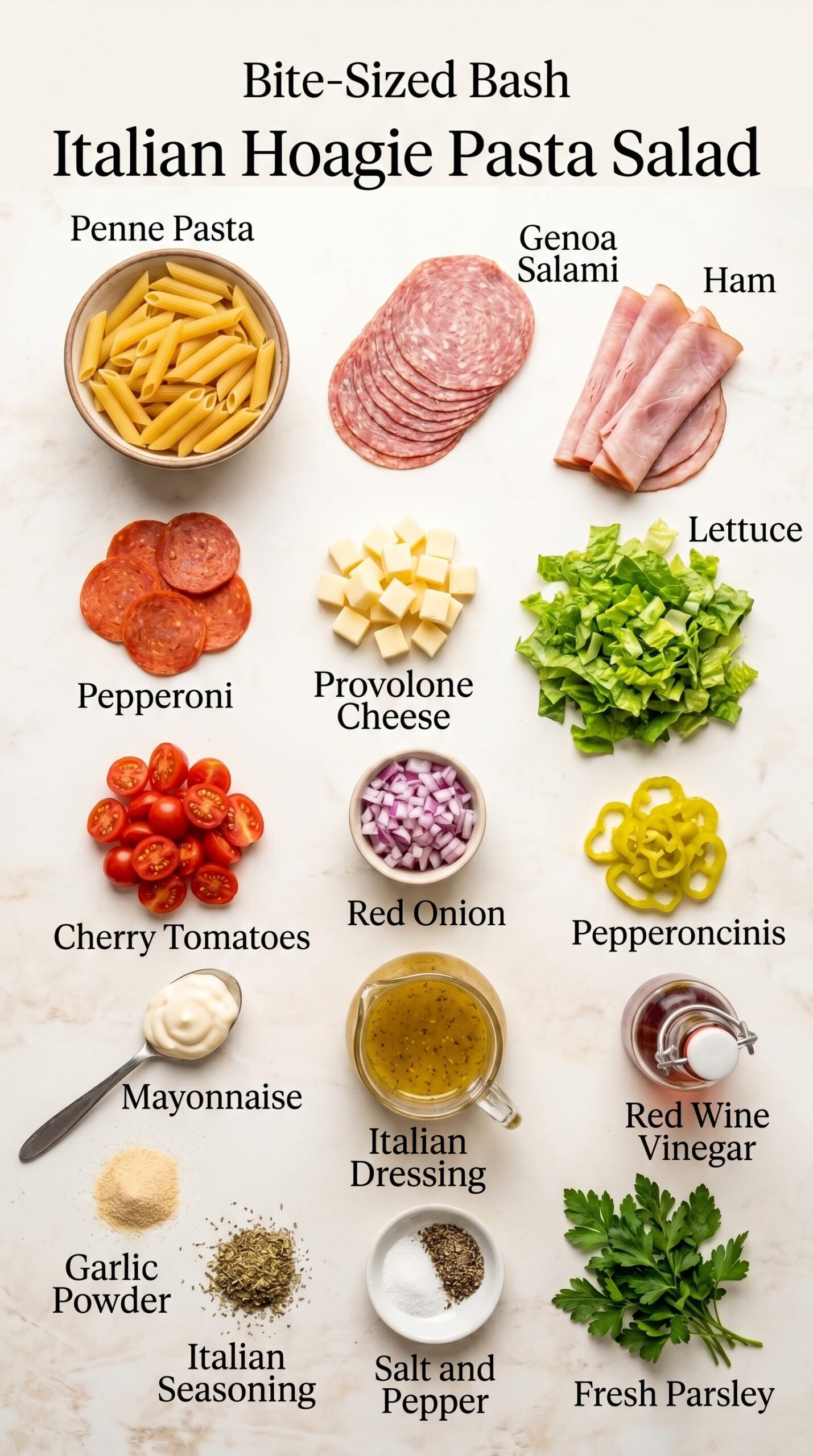 Italian Hoagie Pasta Salad – Bite-Sized Bash recipe ingredients